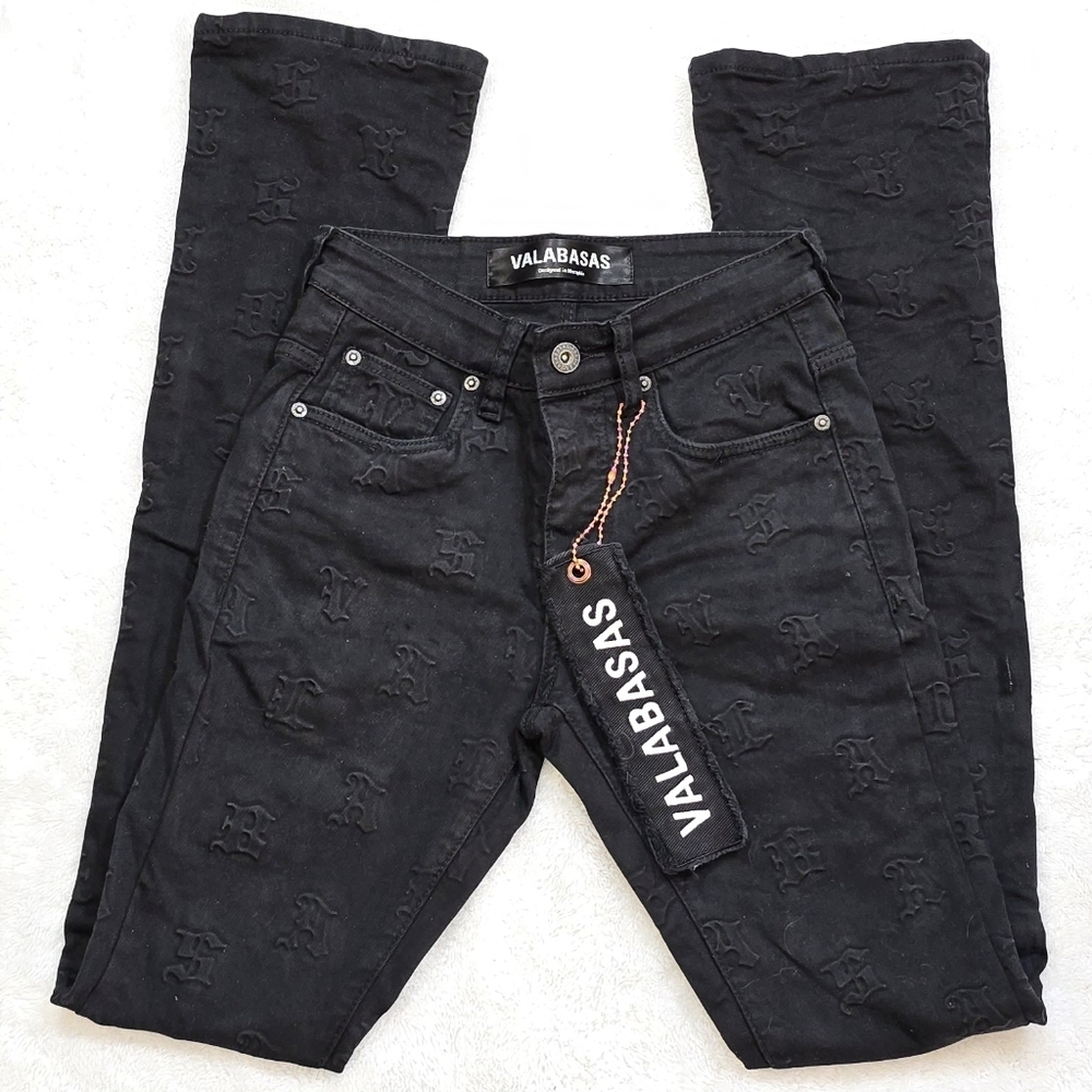 Valabasas Black All Over Embossed Logo Slim Flare Bootcut Jeans Y2K Sz.28
